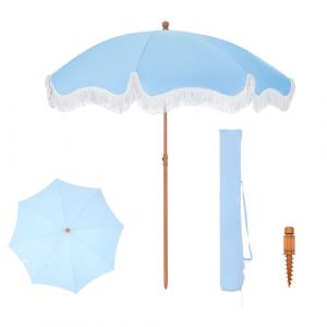 PHI VILLA Parasol de balcon Protection solaire 200 cm Pliable Rond avec franges, Parasol de plage Boho R&eacute;sistant au vent Parasol de balcon avec piquet pour terrasse, UPF 50+, Bleu ciel (PHI VILLA-EU, neuf)