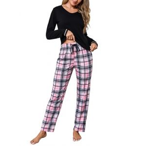 Litherday Ensembles de Pyjama Femme Coton V&ecirc;tement de Nuit &agrave; Manches Longues Pyjama Femme Hiver &agrave; Carreaux Automne V&ecirc;tement d'Int&eacute;rieur Noir+ Carreaux M (GXZ-EU, neuf)