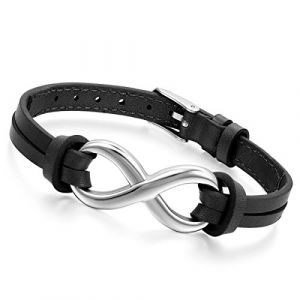 Bracelet Cupimatch en cuir avec symbole infini en acier inoxydable pour homme et femme - Noir (Cupimatch Jewellery, neuf)