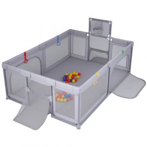 COSTWAY Parc Bebe Pliable, 50 Balles Oc&eacute;aniques, Parc Enfant, Panier de Basket, Filets de Football, Portes Zipp&eacute;es, Anneaux de Traction, Cl&ocirc;ture pour 0-3 Ans (Gris clair,207 x 145 x 68 cm sans Tapis) (FDS GmbH, neuf)