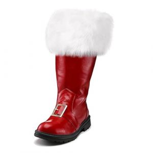 Bottes d'Hiver en Cuir pour Homme avec Mollet Large, Longueur Moyenne, Bottes avec Fermeture Éclair Latérale, Couvre-bottes de Père Noël avec Poignets Blancs Accessoires de Cosplay du Père Noël (JIWANGKUN, neuf)