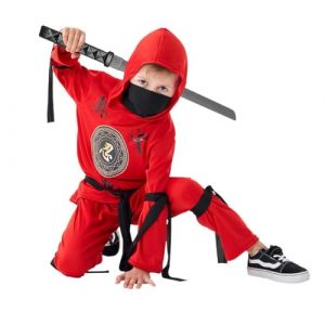 Udekit Costume de Ninja Rouge avec Capuche, Pantalon, Rubans et épée jouet pour Enfants, Fête Cosplay Halloween pour 4 à 6 (UDEKIT, neuf)