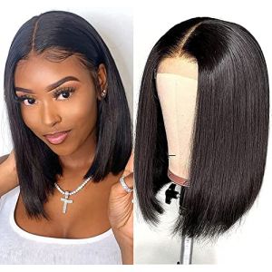 Perruque Bresilienne Lace Frontal Cheveux Humain Perruque Femme Naturelle Bresilienne 14 Pouces 4X4 Lace Wig Human Hair Perruque Naturelle Courte Lisse Lace Wig Color Noire (Feibin Hair Products E-Business, neuf)
