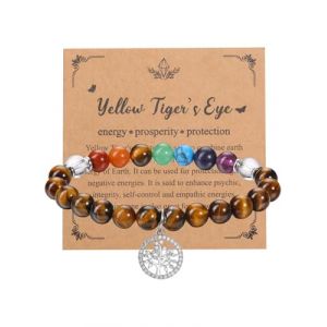 Jovivi 8mm Bracelet 7 Chakra Pierre Naturelle avec Accesoires Arbre de Vie Bracelet Fait Main Elastique Bijoux Braclet Cadeau pour Femme Fille Anniversaire Bff Couple (oeil de tigre) (kaenmis, neuf)