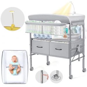 Orzbow Table a Langer Bebe avec Veilleuse et Tiroir,Table a Langer Pliante à Hauteur Réglable avec Sangle de Sécurité,Espace de Stockage extra Large,Mobile Commode a Langer Bebe,Gris (Orzbow Official Store, neuf)