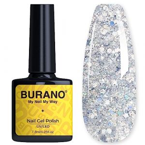 BURANO Vernis gels semi permanents, Soak Off UV LED Glitter vernis à ongles entretoises besoin de durcissement, 7.3ml Sparkle Chunky gel Glitter gel Polish (Silver LP19) (BURANO Direct, neuf)