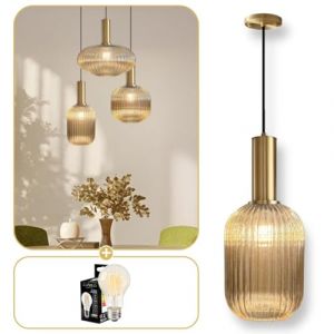 Lumeo creative | Suspension verre fumé Cristali | Lustre vintage pour salle à manger, ilot de cuisine, entree | suspension luminaire salon doré | Suspension vintage (Ambre Brillant, A - Poignée Tube) (Lumeo Creative, neuf)