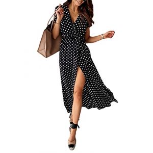 ORANDESIGNE Robe Femme Chic et Elegant Sexy Robe Longue Ete Fluide à Pois Col en V Manche Courte Vintage Bohème Casual Robe Soirée Fendu Cocktail Dress Robe De Plage A Noir XXL (ORANNER EU, neuf)