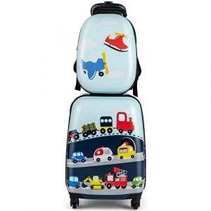 COSTWAY Valise Enfants &agrave; roulettes 16&rsquo;&rsquo; & Sac &agrave; Dos 12&rsquo;&rsquo; avec Poign&eacute;e T&eacute;lescopique, Bagage Enfants avec Motif Voiture d'avion, 4 Roues Rotatives, Lot de 2 Valise pour Fille Gar&ccedil;on (Voiture) (FDS GmbH, neuf)