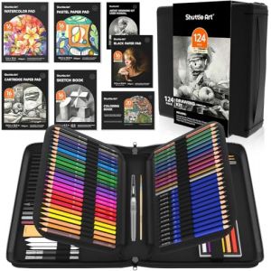 Shuttle Art 124 PCS Kit de Dessin Professionnel, Lot de Crayons de Couleurs avec Crayons à Croquis,Aquarelles,Graphite,Fusain,Carnets de Croquis, Malette Dessin pour Artiste,Débutant,Adulte (Lexeu, neuf)