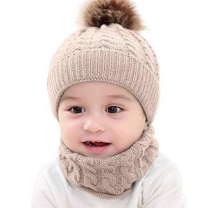 CheChury B&eacute;b&eacute; Bonnets et &eacute;charpes en Tricot Fille Hiver Pompom Tricot&eacute;s Bonnet B&eacute;b&eacute; 0-24 Mois Gar&ccedil;on Chaud &Eacute;charpe Ensemble Enfants-A-Beige-Taille Unique (Sofenny, neuf)