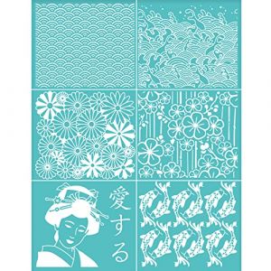 OLYCRAFT Pochoir Sérigraphie Auto-Adhésif Transferts Maille Oriental Vagues de la mer Koi Amour Fleur cerisier Pochoir Réutilisable Sérigraphie pour Peinture Bois Sacs Tissu pour T-Shirt - 28x22 cm (OLYCRAFT EU, neuf)