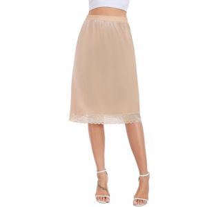 Lovasy Jupon Femme Longue Satin Jupon sous Robe en Dentelle Fond de Jupe sous-V&ecirc;tements Invisible et Antistatique Demi-Jupe Taille &Eacute;lastique pour Robe Transparente,A-Beige,XXL (Lovasy Direct, neuf)