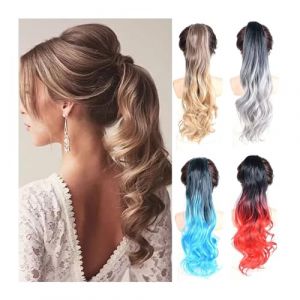 Extension Queue de Cheval Cheveux Queues de cheval Extension de cheveuxClaw Ponytail Long Wavy Balayage Vert Rose Gris Ombre Couleur Synthétique Défait et Désordonné Queue de Cheval Extensions Cheveux (humeiouzhou2024, neuf)