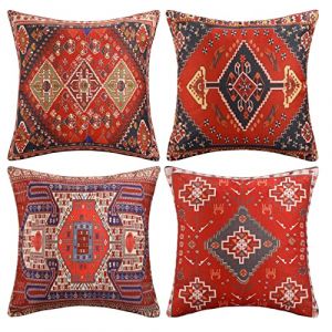 Housses de Coussin 40x40cm Ensemble de 4 Tribal Abstrait Rouge Oriental Vintage Tapis Motif Taie d'oreiller Coton Lin Turc Kilim Rétro Style Housse Coussin Décoratif pour Canapé Chambre Maison Salon (Qiou EU, neuf)