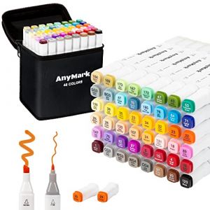 AnyMark Feutres a Alcool, Lot de 48 Marqueurs à Alcool à Double Pointe Biseautée et Fine, Idéal pour Dessin, Croquis, Illustration, Design, Corps Blanc (AnyMark, neuf)