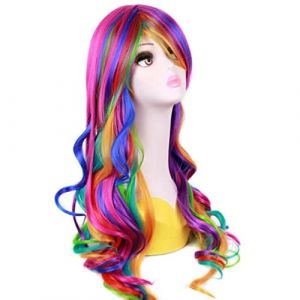 Perruque arc-en-ciel, longue perruque bouclée avec frange, perruques colorées, longue perruque arc-en-ciel ondulé avec une perruque pour femmes et filles costume d'anime Halloween Cosplay (HuBeiHuoYanWangLuJuXiaoShouYouXianGongSi, neuf)