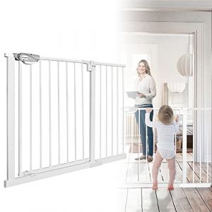 LARS360 Grille de protection de porte d'escalier, sans perçage, grille de protection d'escalier pour enfants à 90 °, extensible avec extension séparée (105-115 cm de large, blanc) (JianShiXianKeGeDeDianZiShangWuYouXianGongSi, neuf)