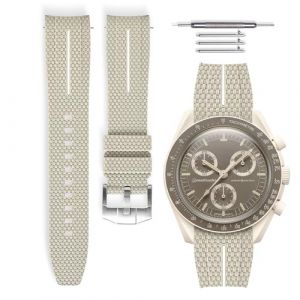 HORACE Bracelet de montre caoutchouc universel à dégagement rapide compatible avec Omega x Swatch MoonSwatch 20mm (Beige - Ligne blanche - Argent) (LCGlobal, neuf)