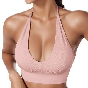 NaLatia Femme Soutien-Gorge de Sport Tour de Cou Brassi&egrave;re sans Armature Dos Nu Bra Rembourr&eacute; Push Up Crop Top Bustier avec Coussinets Amovibles pour Yoga Course Pilates (01 Rose, M) (GUnakd, neuf)