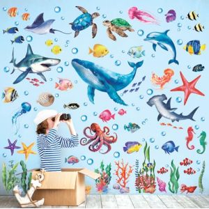 DECOWALL DS12-8078 muraux animaux marins décoration de chambre d'enfant chambre de bébé stickers muraux océan poisson animal requin baleine peler et coller amovible coloré baleine garçons filles (FR DECOWALL, neuf)