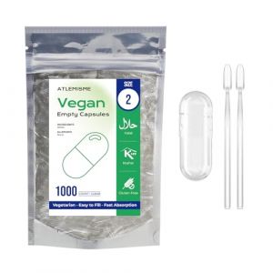 ATLEMISME Gélules Vides Végétales Taille 2 - Lot de 1000 avec 2 Cuillères - Sans Gélatine - Gélules Faciles à Remplir et à Dissoudre Rapidement - Idéales pour Compléments Alimentaires et Poudres (ATLEMISME, neuf)