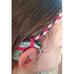 Bandeau tresse pour implant cochleaire et prothese auditive serre tete anti perte (Tricolor rose bleu blanc, Taille unique extensible) (SOFIZZE, neuf)