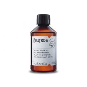 Bullfrog Gel Douche Multi-Usage Secret Potion N.1, Nettoyant pour le Corps, le Visage et les Cheveux, 92,3% Naturel, Parfum Boisé et Ambré, Polyvalent et Revitalisant, Fabriqué en Italie, 250 ml (BULLFROG BARBERSHOP, neuf)