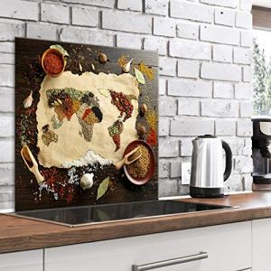 murando - Cr&eacute;dence Verre Cuisine 60x60 cm - Plaque Anti-Projection - Couvercle Anti-&eacute;claboussures cr&eacute;dence - Plaque en Verre tremp&eacute; - Carte du Monde des &eacute;pices et des c&eacute;r&eacute;ales j-B-0055-aq-a (murando, neuf)