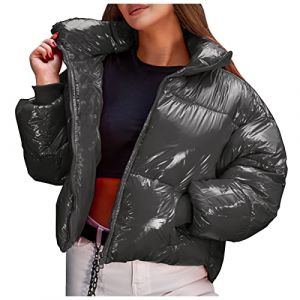Veste Puffer pour femme - Doudoune brillante - Veste d'extérieur chaude - Manches longues - Veste matelassée - Couleur unie - Hiver - Neige - Avec capuche - Fermeture éclair - Métal brillant (Angel shipin, neuf)