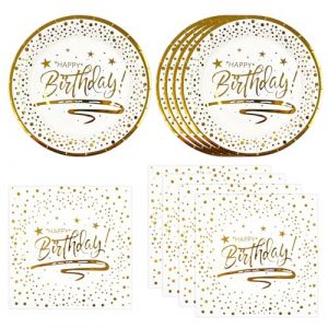 DHAIQC Lot de 50 Vaisselle Jetable Anniversaire, Blanc Or Assiettes en Carton et Serviettes pour Barbecue Anniversaire Enfants F&ecirc;te D&eacute;corations (Or Blanc) (xinjuezhuangshi, neuf)