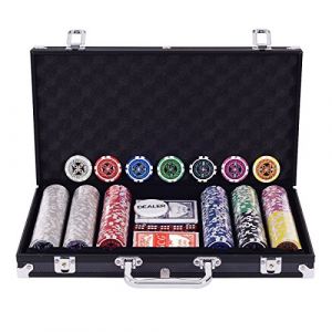 DREAMADE Mallette de Poker Verrouillable avec 300 Jetons avec Autocollant Laser, Bouton de Donneur, 2 Jeux de Cartes, 5 D&eacute;s et Mallette de Poker en Aluminium (Noir) (DREAMADE, neuf)