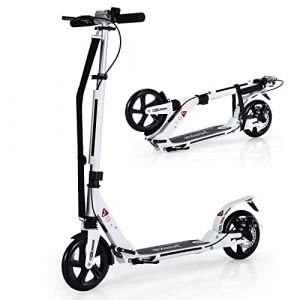 GYMAX Trottinette Enfants et Adultes, Plus de 8 Ans, Trotinette Pliable &agrave; Hauteur R&eacute;glable, Charge Max 100 KG, Scooter en Alliage d'Aluminium avec Freinage Double, 95 x 37 x 86,5-101 CM (Blanc) (GYMAX EU, neuf)