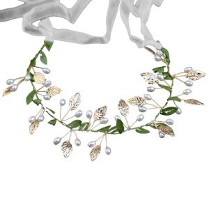 Lot de 2 bandeaux pour femme - Bandeau vert perl&eacute; - Couronne de fleurs - Bandeau de mari&eacute;e - Bandeau pour cheveux - Bandeau avec ruban pour mariage et f&ecirc;te - Blanc (Wambere, neuf)