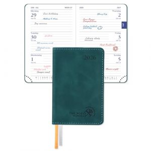 POPRUN Mini agenda de poche 2026 format A7 - Semainier - 12 x 8 cm - Format paume - 26 pages - Avec papier de 70 g/m² - Couverture souple en cuir synthétique - Vert pétrole (Time Works Wonders, neuf)