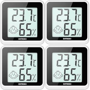 Lot de 4 mini thermom&egrave;tres hygrom&egrave;tres num&eacute;riques d'int&eacute;rieur - Mesure de la temp&eacute;rature et de l'humidit&eacute; - Affichage du confort et des smileys - &Agrave; poser ou &agrave; coller - Pour salon, bureau, chambre de (BMUT UG (haftungsbeschr&auml;nkt), neuf)