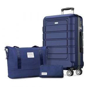 SHOWKOO Valise Grande Rigide L&eacute;g&egrave;re 77cm PC+ABS Extensible Durable Valise Soute Trolley Voyage avec Trousse de Toilette et Sacs de Voyage, Bleu (USA Travels, neuf)