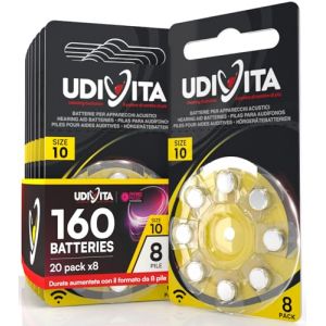 160 Piles Auditives Taille 10 Udivita PR70 (Jaune) Zinc-Air Hearing Evolution avec Technologie Phono Pulse - 20 Blisters de 8 Piles (Eurocali, neuf)