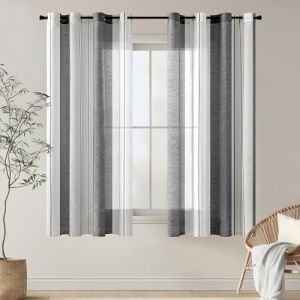 EMEMA Rideaux rayés Transparent avec œillets Voile Salon Moderne Set de 2 Rideaux Chambre à Coucher Transparent avec Motif Rideau Semi-Transparent Rayures 140 x 137cm Blancs et Gris (EMEMA HOME, neuf)