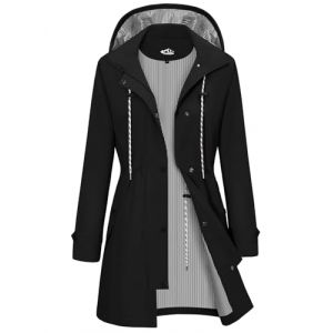 CMTOP Veste Imperméable Femme Longue Coupe Vent Parka Mi Saison Vêtements d'Extérieur Printemps Automne Manteau Cordon de Serrage Trench Légère et Pliable Veste de Pluie avec Capuche (Noir, XL) (Lemens, neuf)