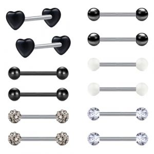 LAURITAMI 12pcs 14G Piercing Barre de Langue en Acier Chirurgical Bouclier de Mamelon Droite Barbell Anneaux Bar Cristal Piercing pour Le Corps Bijoux (JUN SI FANG, neuf)