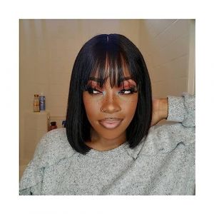 Perruques Cheveux Humains Perruques de cheveux humains Perruques Bob avec frange Perruques de cheveux courts et raides 100% cheveux humains Remy Aucun Lac Perruques pour femmes(8inches 1PC) (wufengjingqian, neuf)