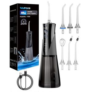 Jet Dentaire Hydropulseur, 5 Modes, 6 Embouts, Rechargeable, Portable, Réservoir de 300ML, Flosser Électrique, Étanchéité IPX7, Nettoyage des Dents Idéal pour Maison et Voyage (Noir) (WAFLOO, neuf)