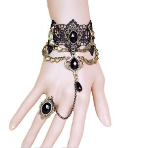 TseenYi Bracelet Anneau Dentelle Gothique Anneau Dentelle Main Bracelet Chaîne Noir Cristal Dangle Bracelet Esclave Vintage Coeur Aile Esclave Doigt Bracelet Dentelle Bijoux Pour Femmes Et Filles(noir (TseenYi, neuf)