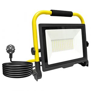 RIGIDON 75W Projecteur Chantier LED avec Prise, 7500LM Portable Lampe de chantier Spot LED Extérieur 6000K Blanc IP66 Etanche pour Garage Terrasse Jardin Atelier Construction (JIANDAO, neuf)