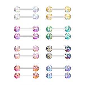 CASSIECA 16Pcs Piercing Langue et Tétons en Acier Chirurgical - Barre 12mm Multicolore - Set de Bijoux Barbell en Plastique pour Femme (Yanjia EU, neuf)