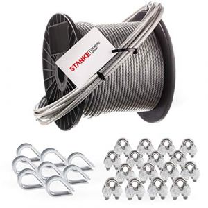 Seilwerk STANKE C&acirc;ble d&rsquo;acier inox gain&eacute; (PVC), 15m, acier V4A, 4mm 7x7, 8x Cosse-c&oelig;ur V4A, 16x Serre-c&acirc;ble &agrave; &eacute;trier V4A, Suspension Kit - SET 3 (Jumbo-Shop, neuf)