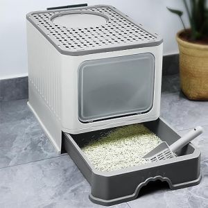 OHMG Bac &agrave; liti&egrave;re pour chat enti&egrave;rement ferm&eacute; avec couvercle type tiroir d&eacute;sodorisant Cat Litter Box Grand bac pliable avec pelle en plastique pour animaux de compagnie jusqu'&agrave; 15 kg (jusiZL, neuf)