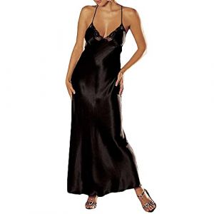 Blingko Chemise De Nuit Grande Taille Lingerie Sexy Femme Coquine Nuisette Chic Col V Dos Nu Satin Baydoll Pyjamas Couleur Unie Longue Robe Vêtements (Blingko, neuf)