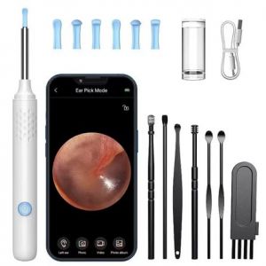 Nettoyeur d'oreille avec cam&eacute;ra, ensemble de b&acirc;tons d'oreille HD, Otoscope, chargement USB C, Endoscope, outil d'&eacute;limination de la cire, cure-oreille, ensemble de nettoyage d'oreille (Blanc) (MKS-DISTRIB, neuf)